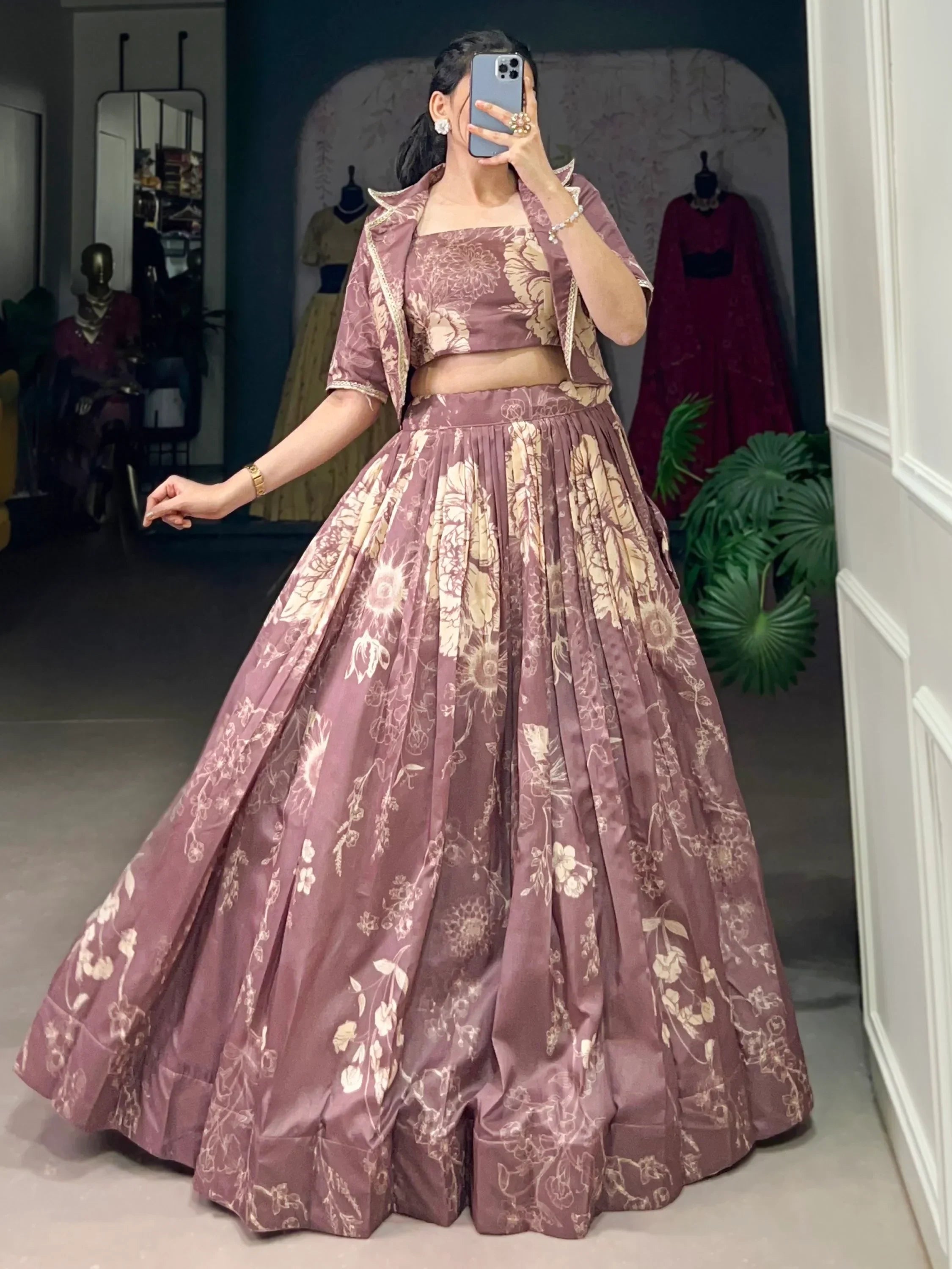 Fascinating Mauve Printed Tussar Silk Event Wear Lehenga With Jacket