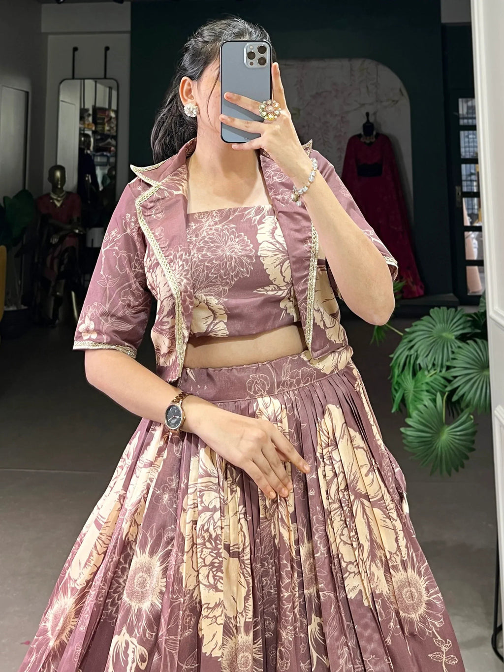 Fascinating Mauve Printed Tussar Silk Event Wear Lehenga With Jacket