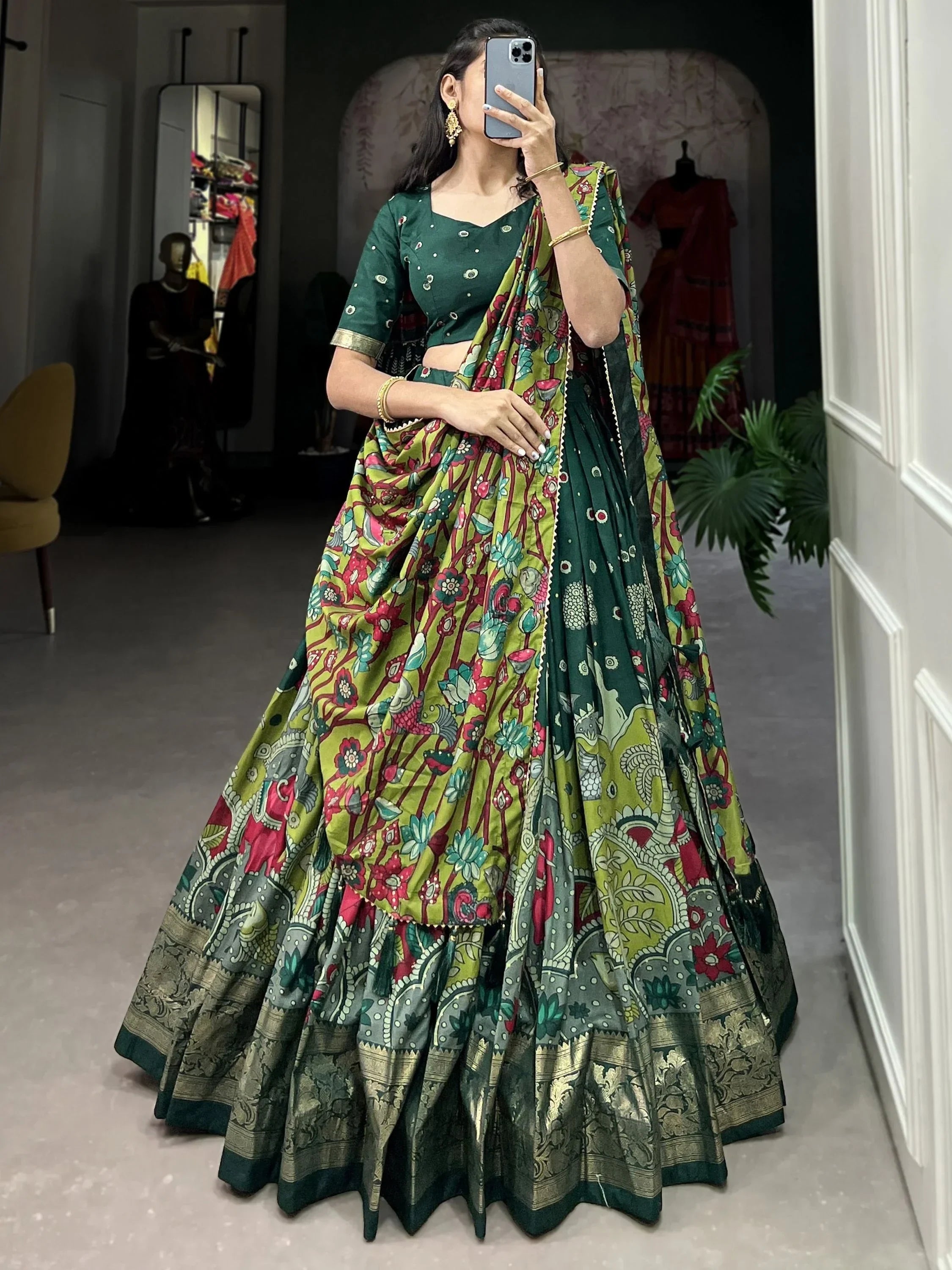 mesmerizing green organza mehendi wear lehenga choli with dupatta