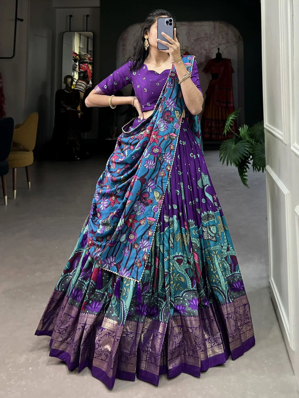 Gorgeous Purple Kalamkari Print Tussar Silk Event Wear Lehenga Choli
