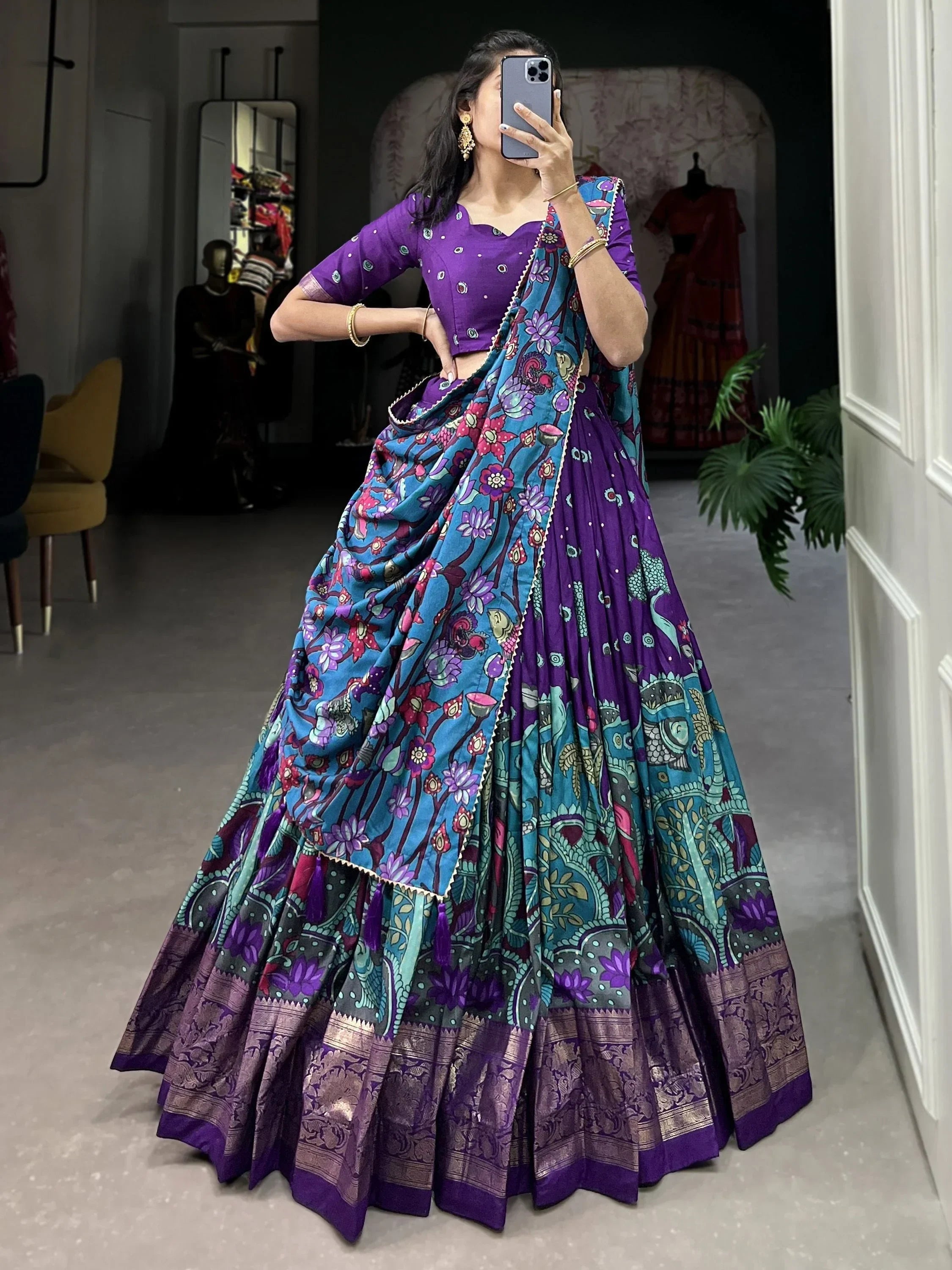Gorgeous Purple Kalamkari Print Tussar Silk Event Wear Lehenga Choli