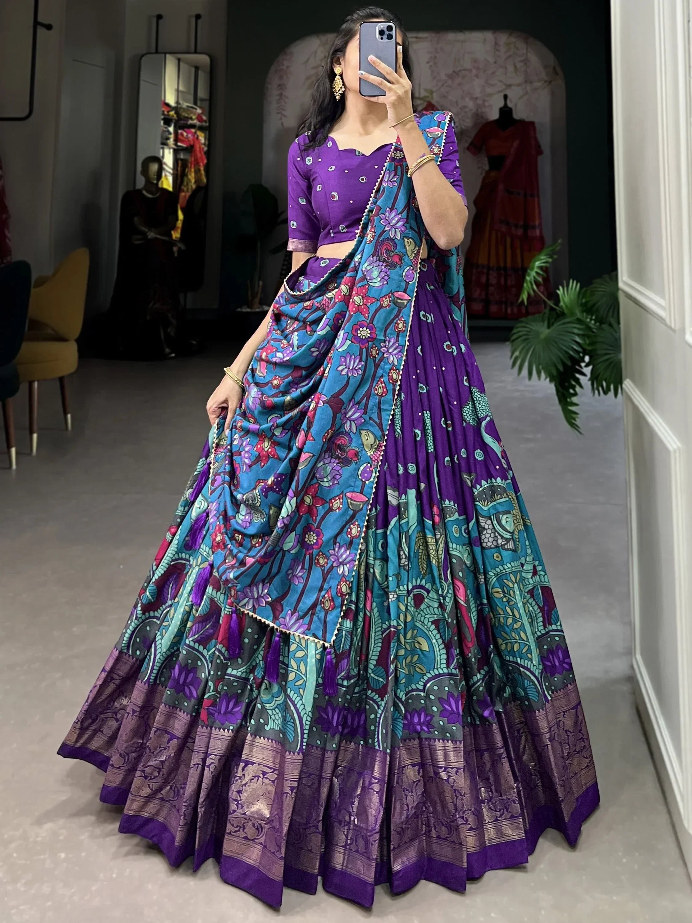 Gorgeous Purple Kalamkari Print Tussar Silk Event Wear Lehenga Choli