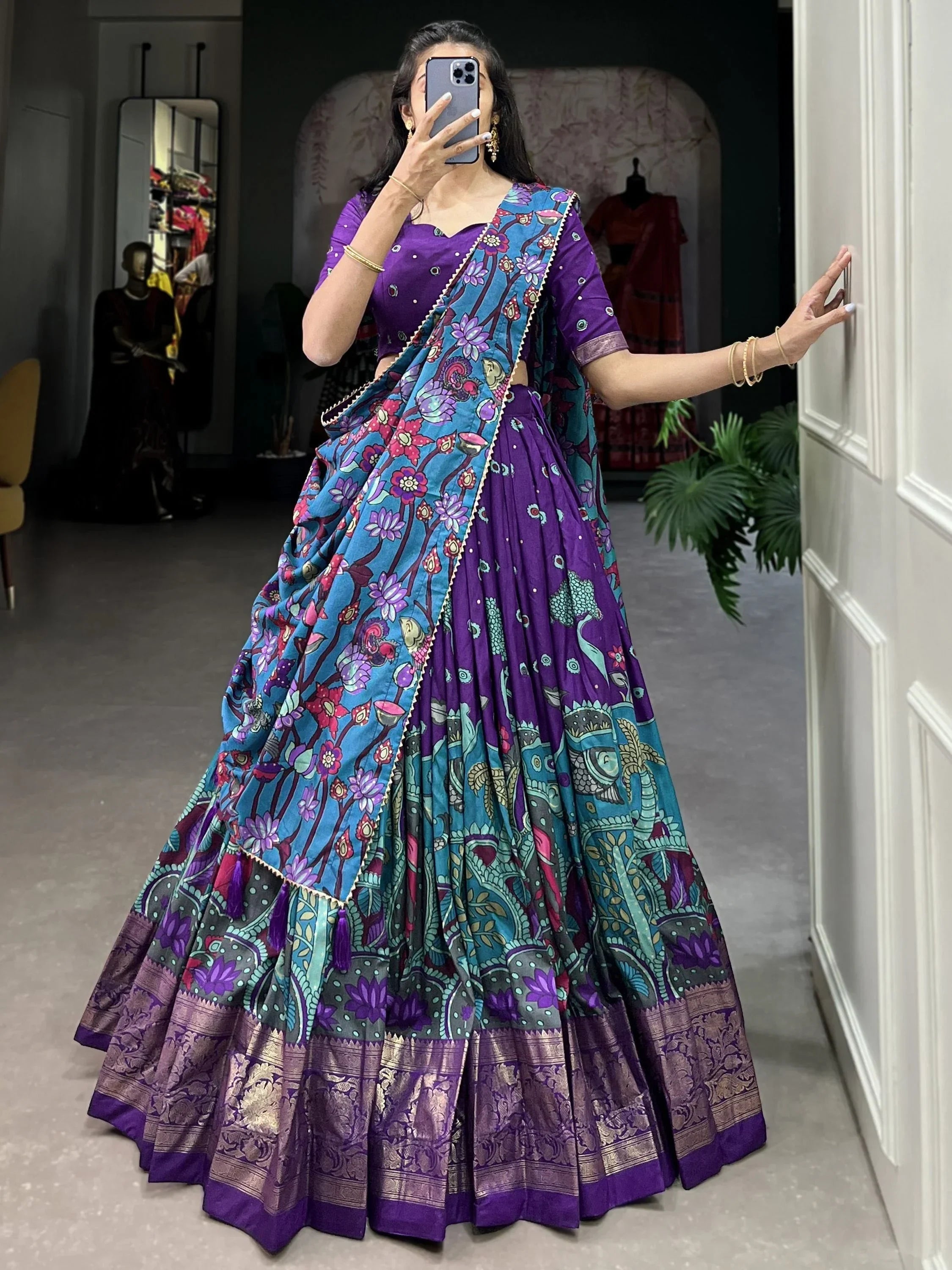 Gorgeous Purple Kalamkari Print Tussar Silk Event Wear Lehenga Choli