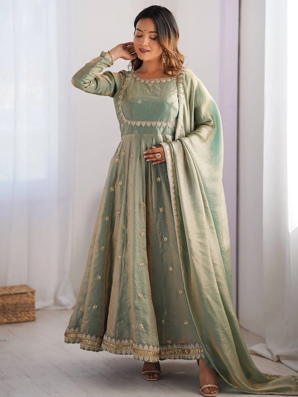 Dazzling Green Coding Work Silk Festive Wear Gown With Dupatta