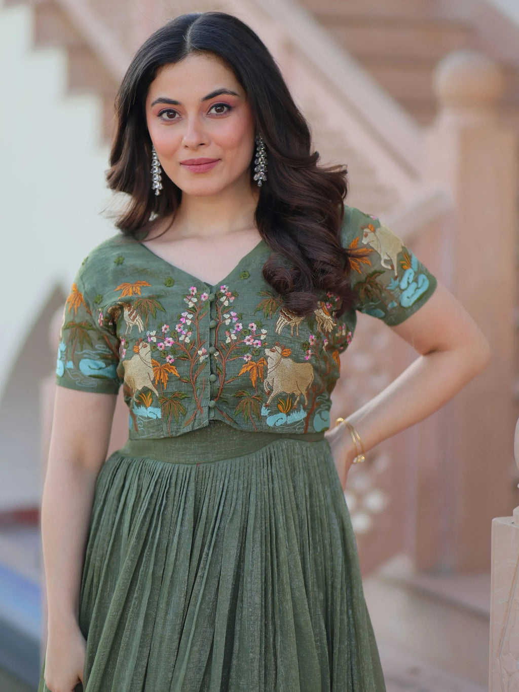 Elegant Green Organza Embroidered Traditional Gown With Koti