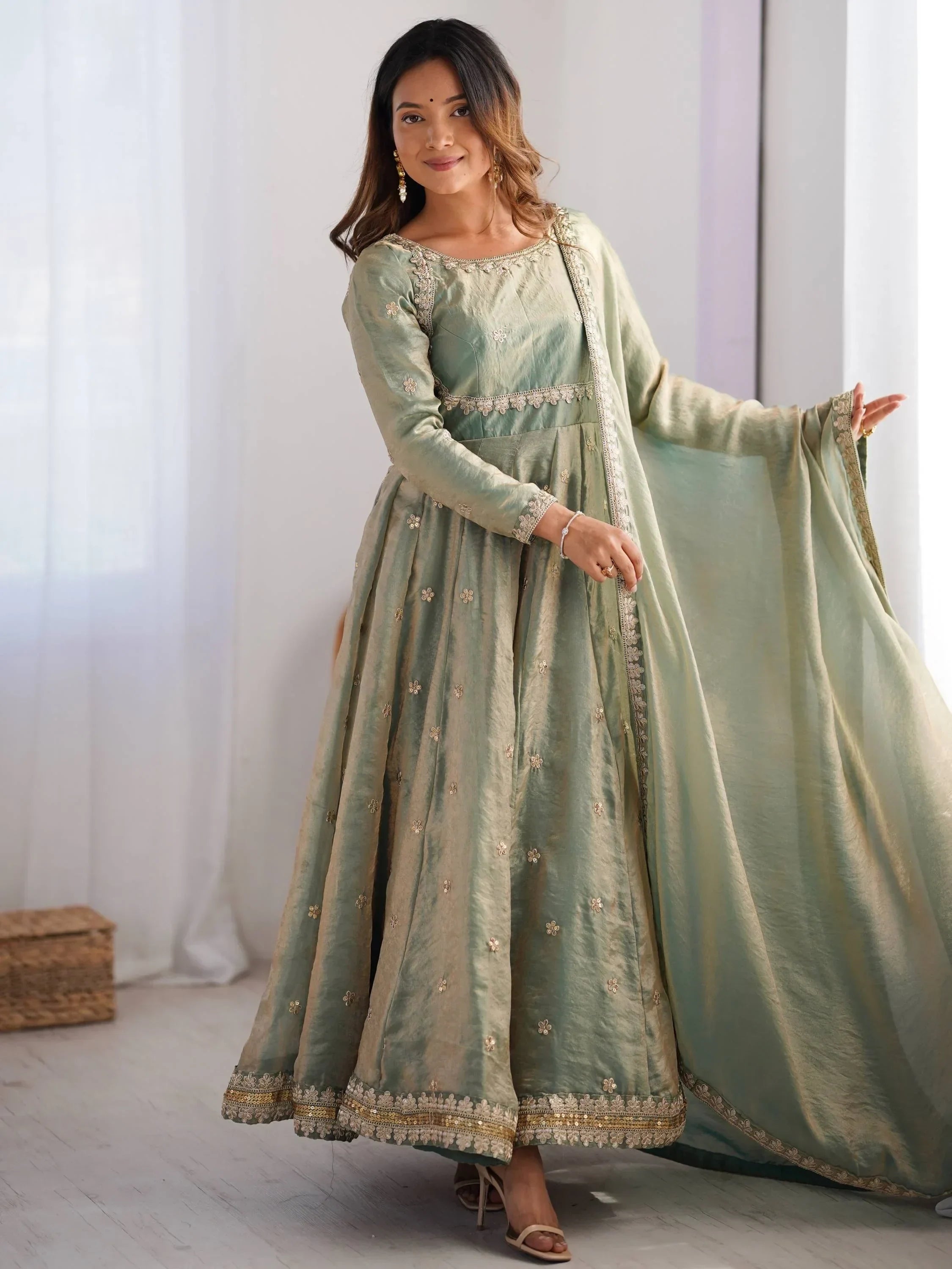 Dazzling Green Coding Work Silk Festive Wear Gown With Dupatta