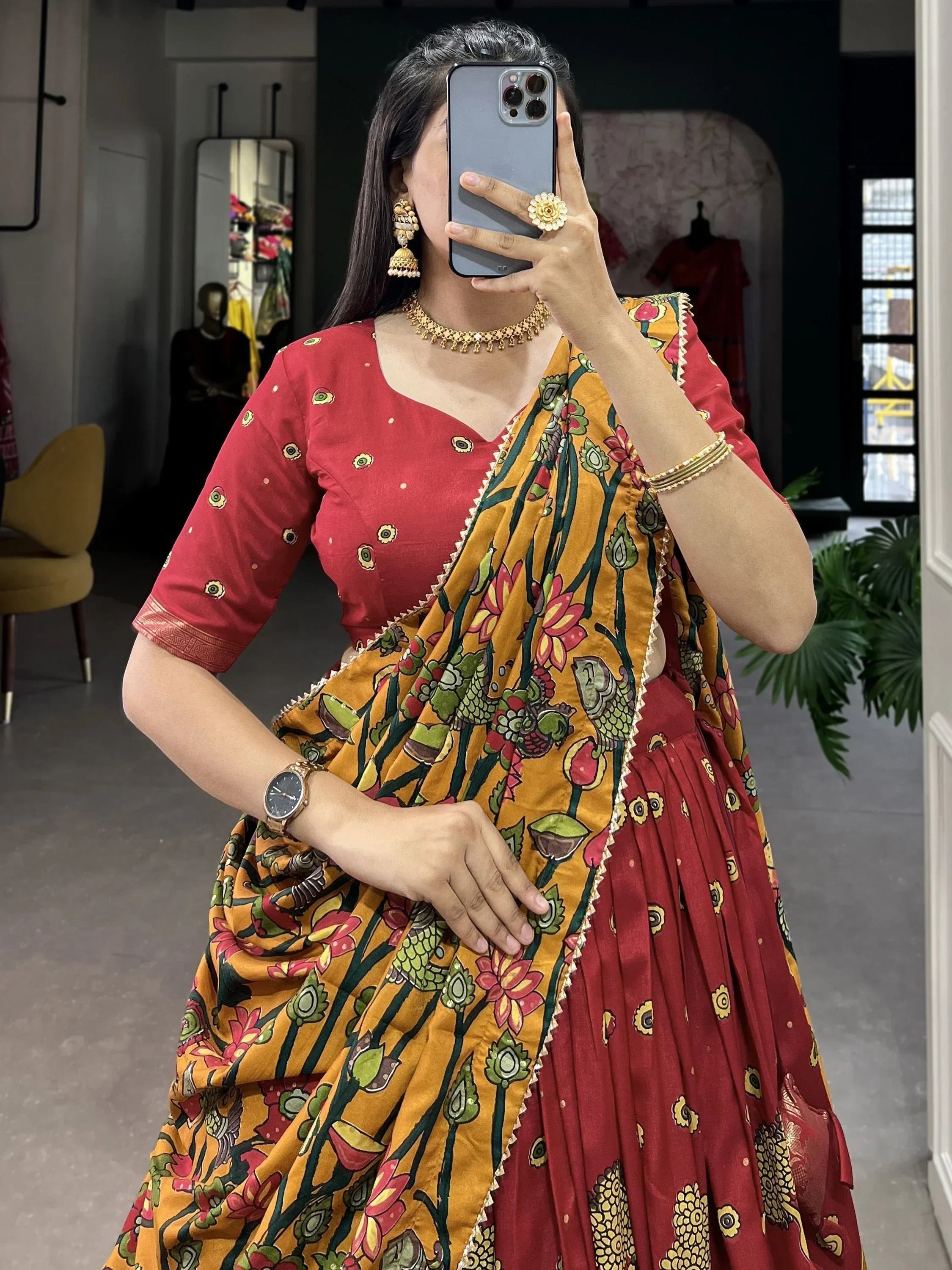 Lovely Red Kalamkari Print Tussar Silk Traditional Wear Lehenga Choli