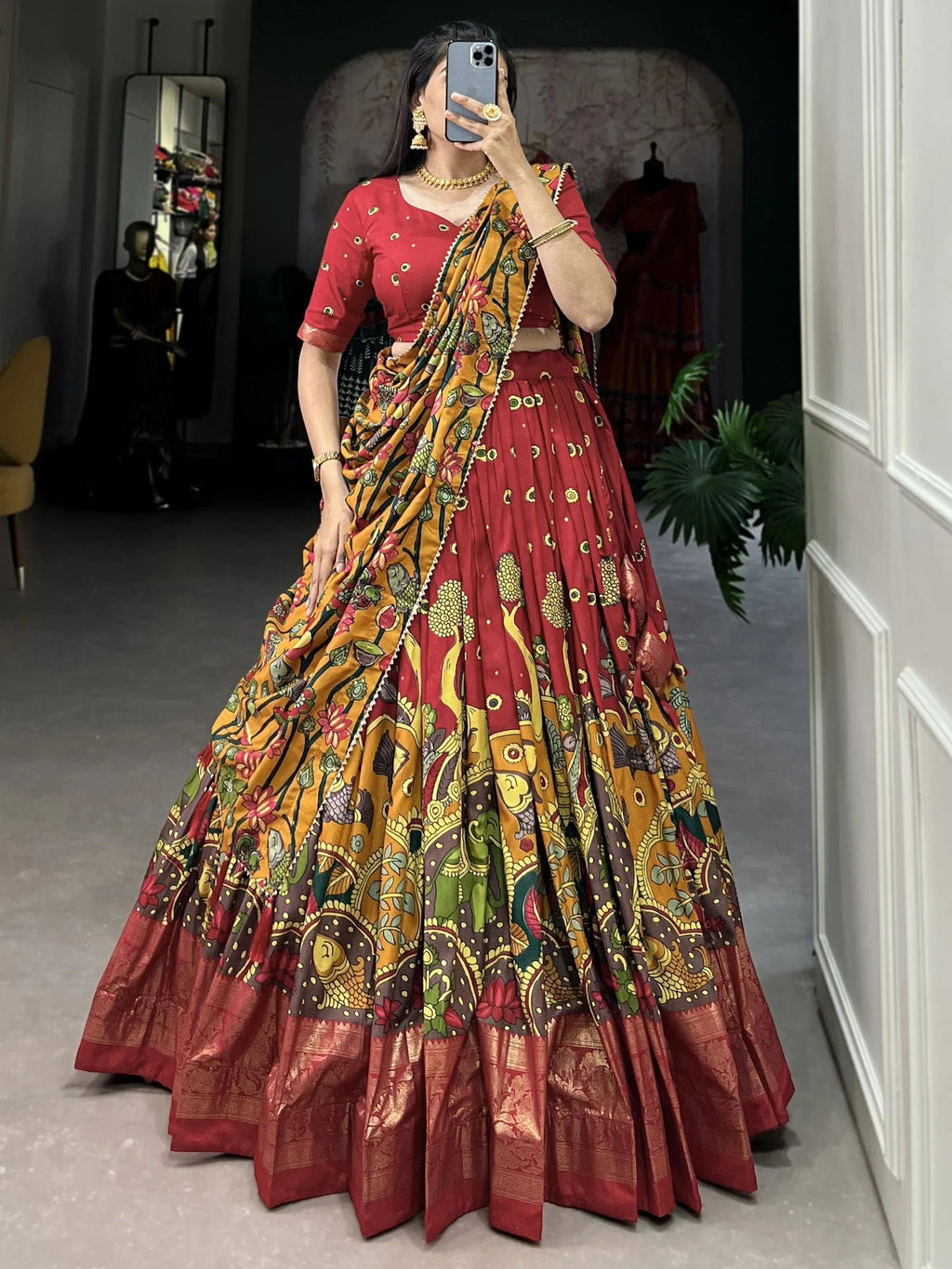 Lovely Red Kalamkari Print Tussar Silk Traditional Wear Lehenga Choli