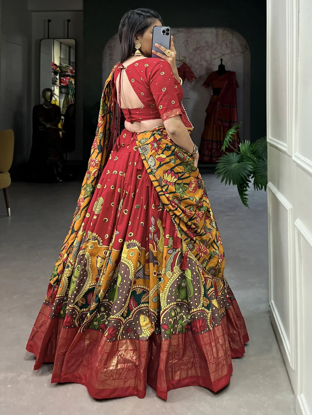 Lovely Red Kalamkari Print Tussar Silk Traditional Wear Lehenga Choli