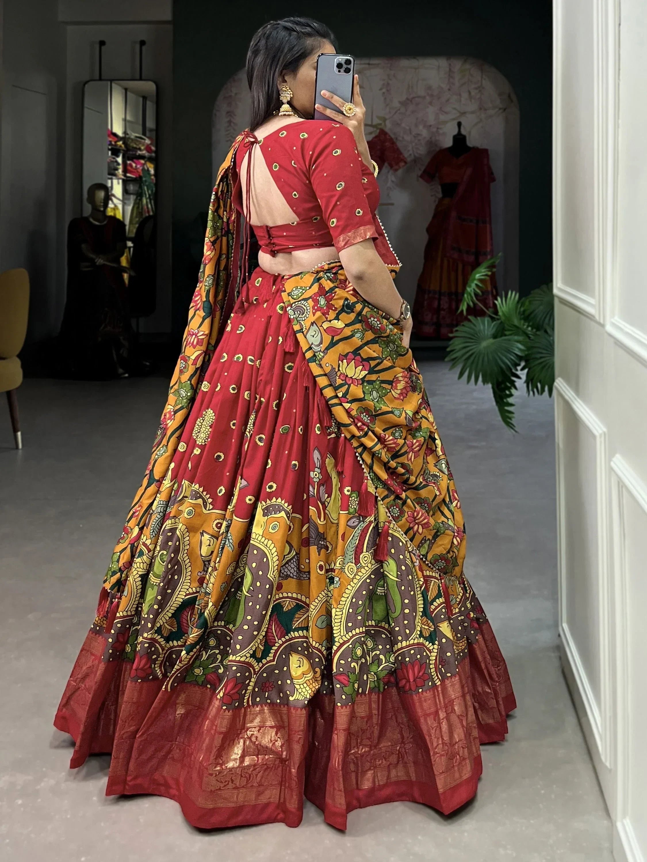 Lovely Red Kalamkari Print Tussar Silk Traditional Wear Lehenga Choli