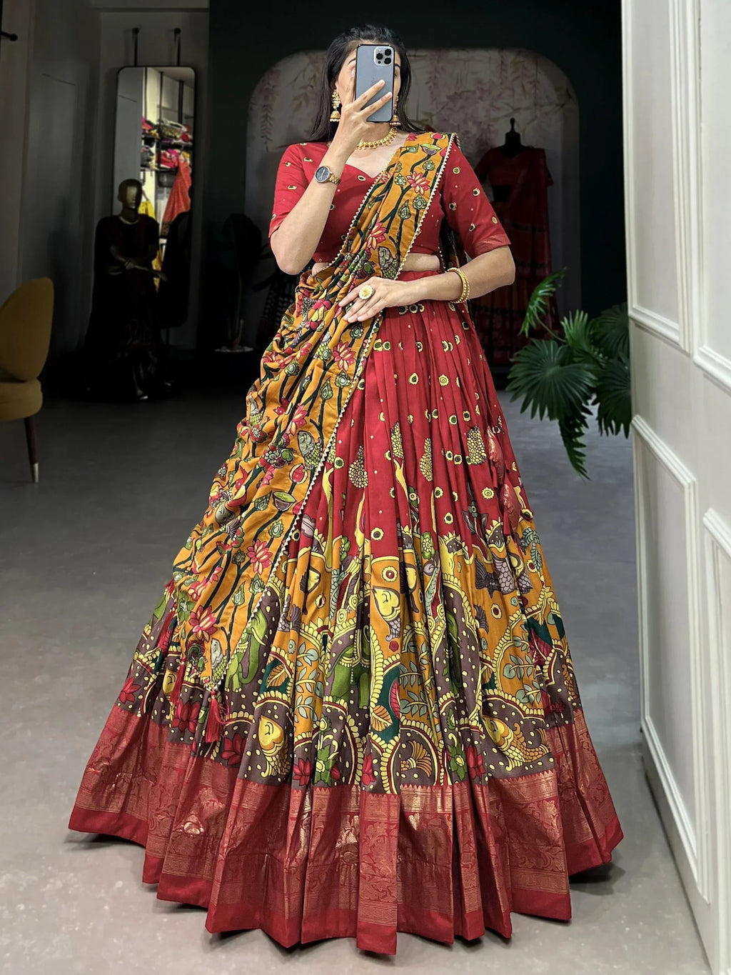 Lovely Red Kalamkari Print Tussar Silk Traditional Wear Lehenga Choli