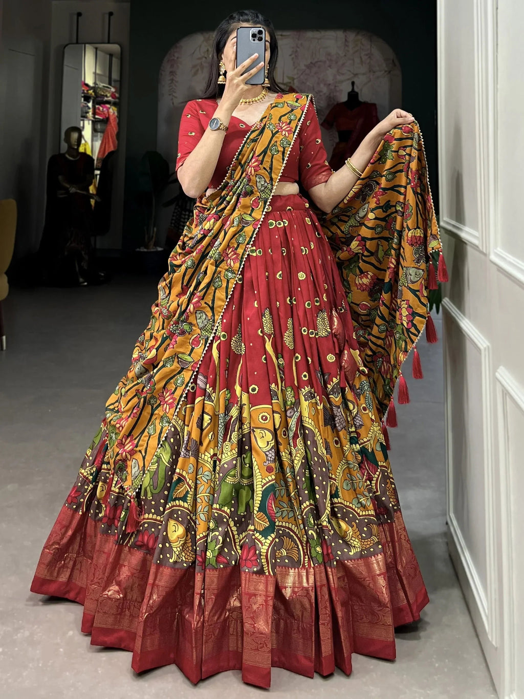 Lovely Red Kalamkari Print Tussar Silk Traditional Wear Lehenga Choli