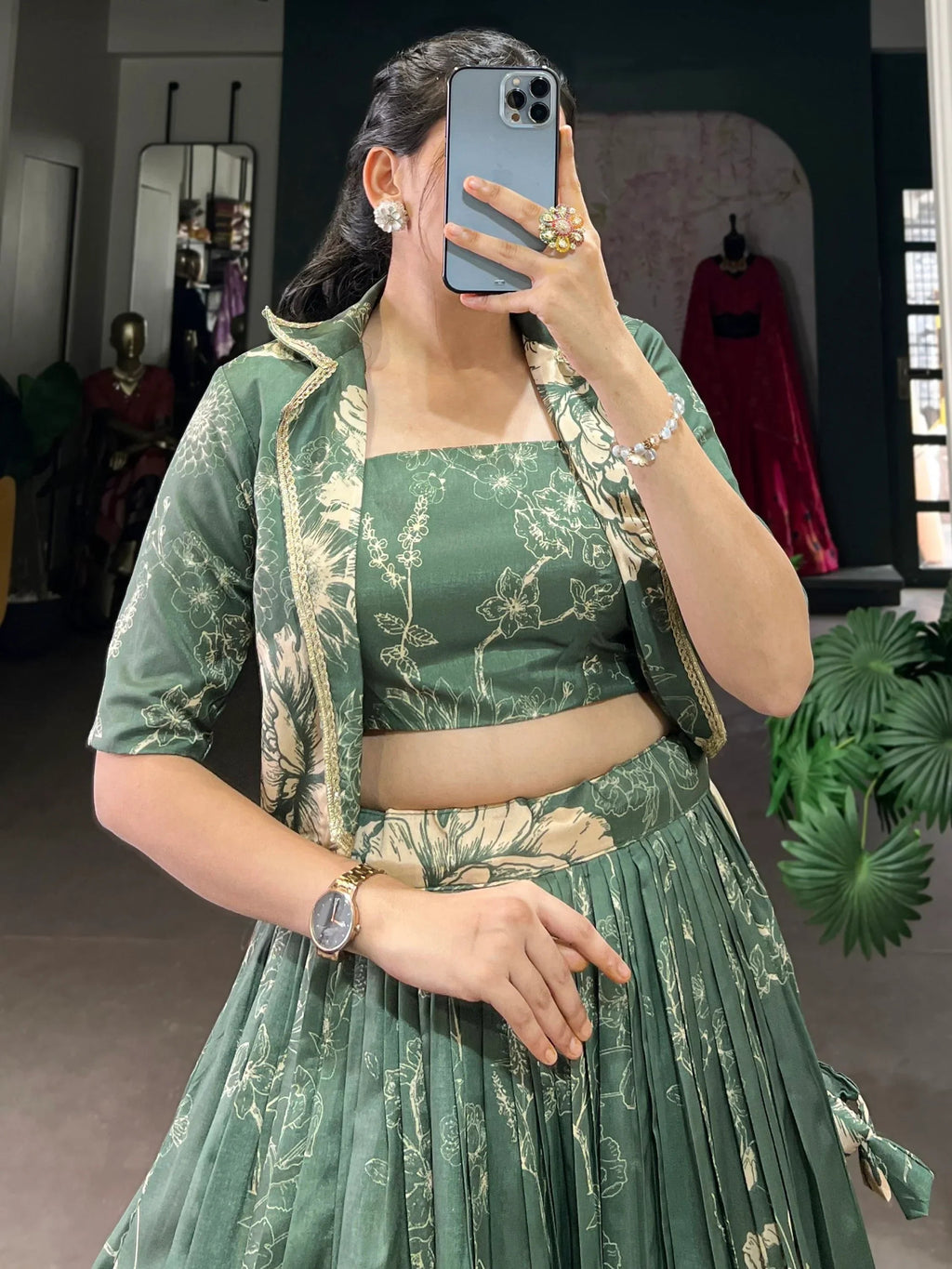 Mesmerizing Bottle Green Printed Tussar Silk Lehenga With Jacket