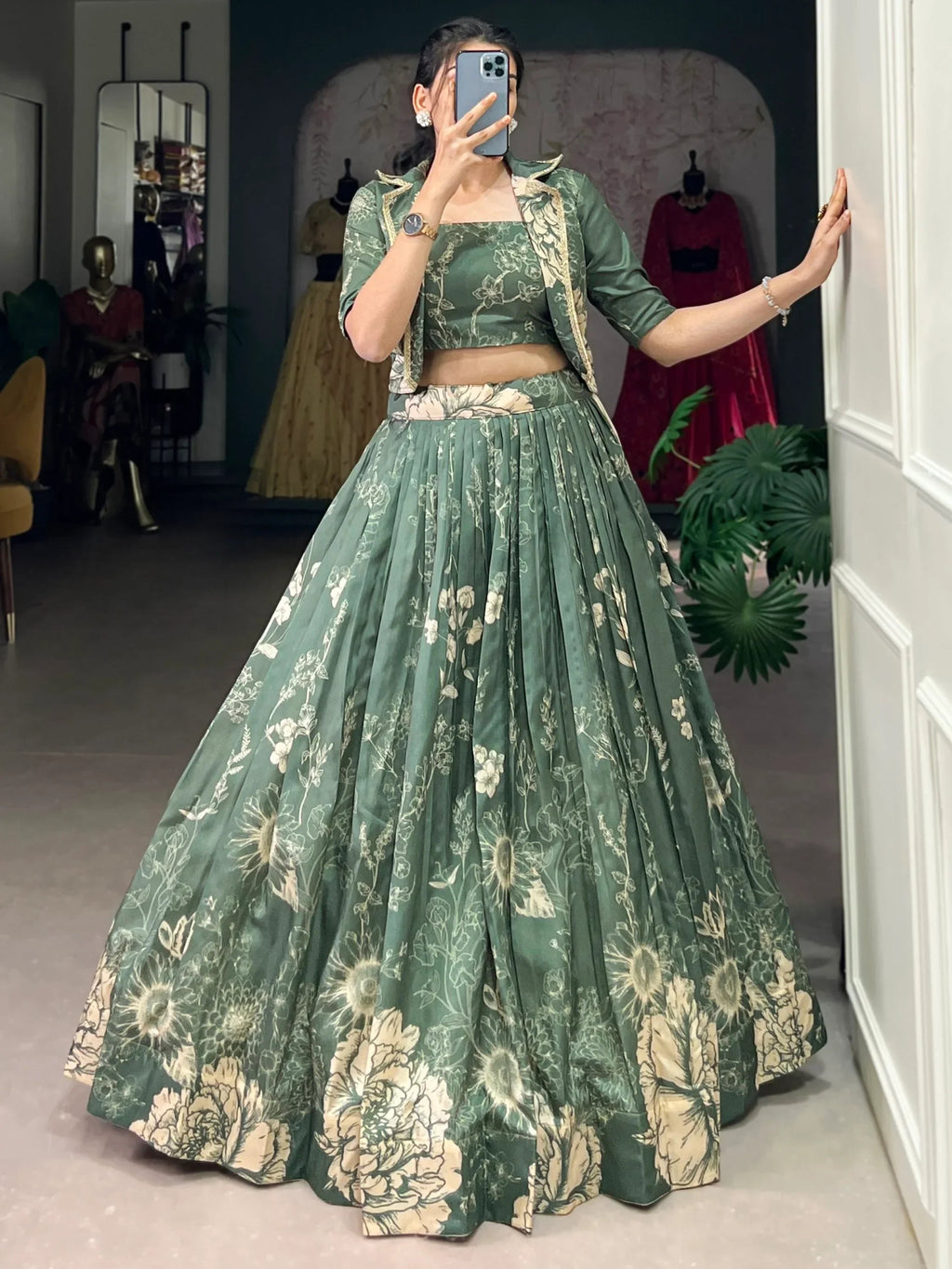 Mesmerizing Bottle Green Printed Tussar Silk Lehenga With Jacket