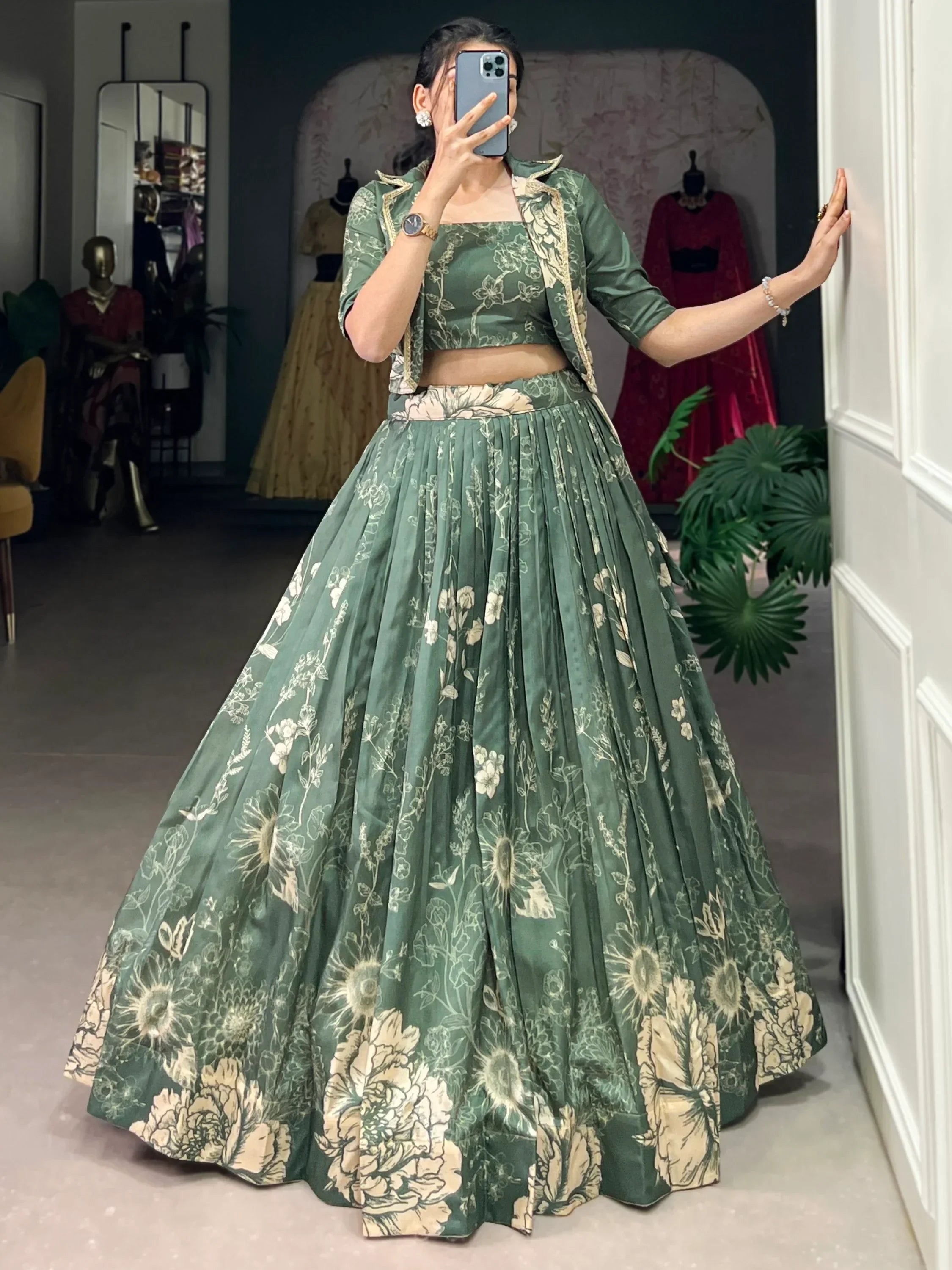 Mesmerizing Bottle Green Printed Tussar Silk Lehenga With Jacket