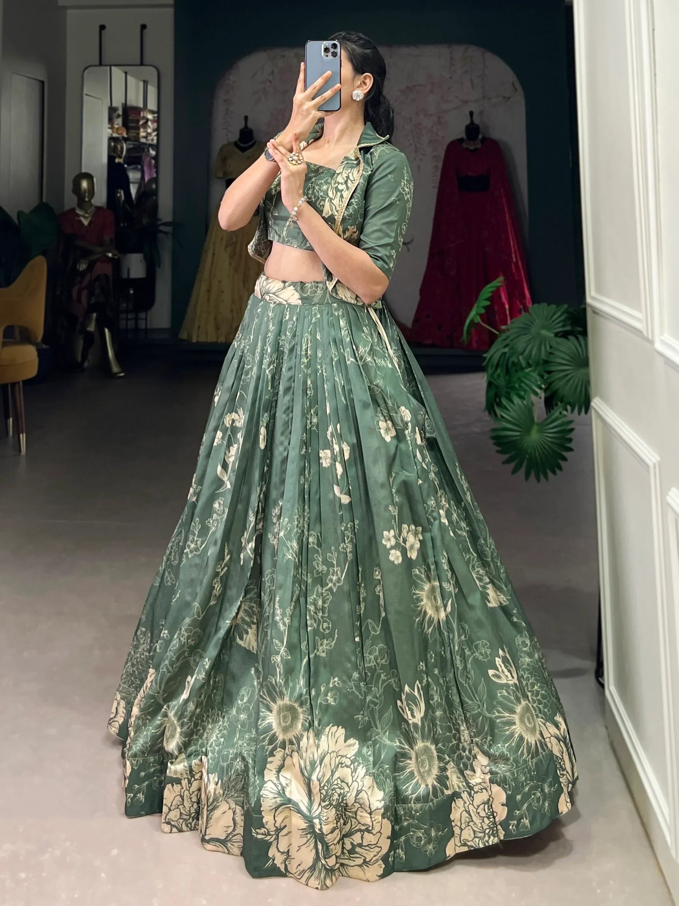 Mesmerizing Bottle Green Printed Tussar Silk Lehenga With Jacket
