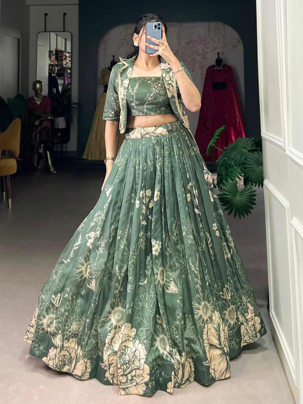 Mesmerizing Bottle Green Printed Tussar Silk Lehenga With Jacket