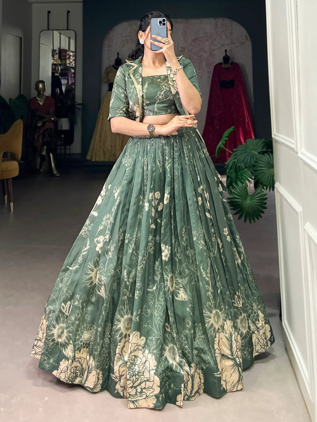 Mesmerizing Bottle Green Printed Tussar Silk Lehenga With Jacket