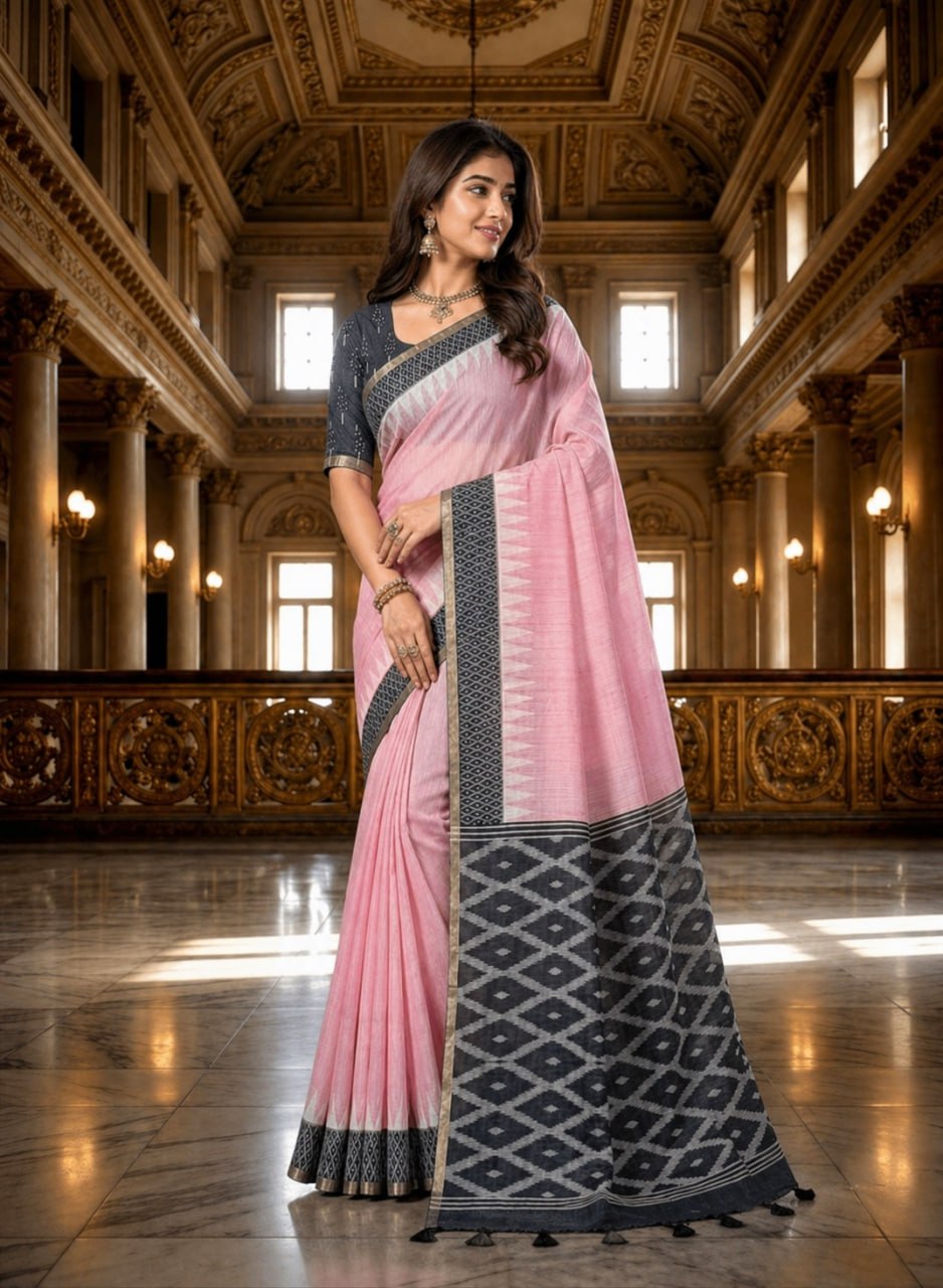 Premium Pink Linen Cotton Saree with Black Geometric Border & Printed Blouse