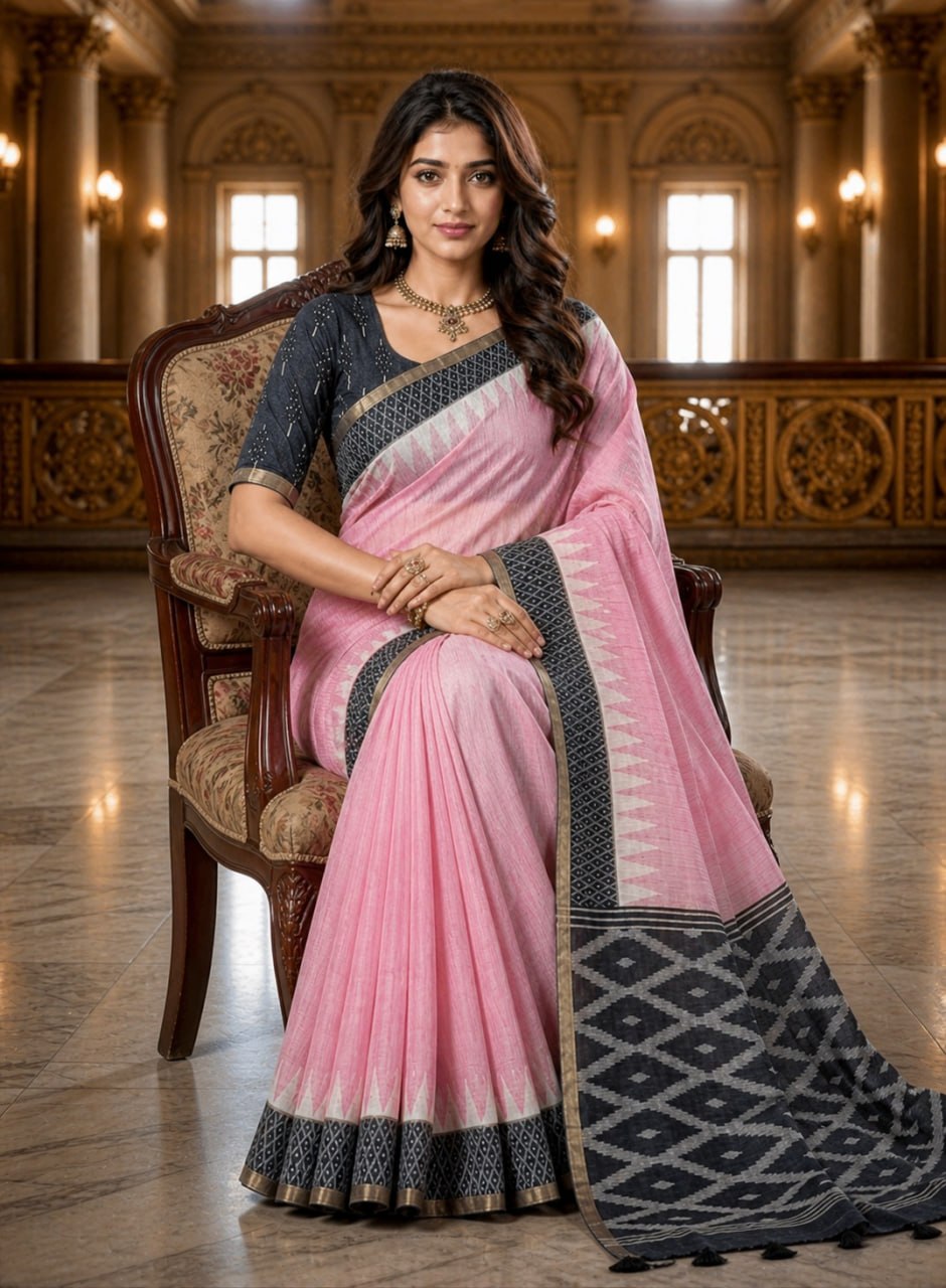 Premium Pink Linen Cotton Saree with Black Geometric Border & Printed Blouse