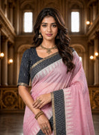 Premium Pink Linen Cotton Saree with Black Geometric Border & Printed Blouse