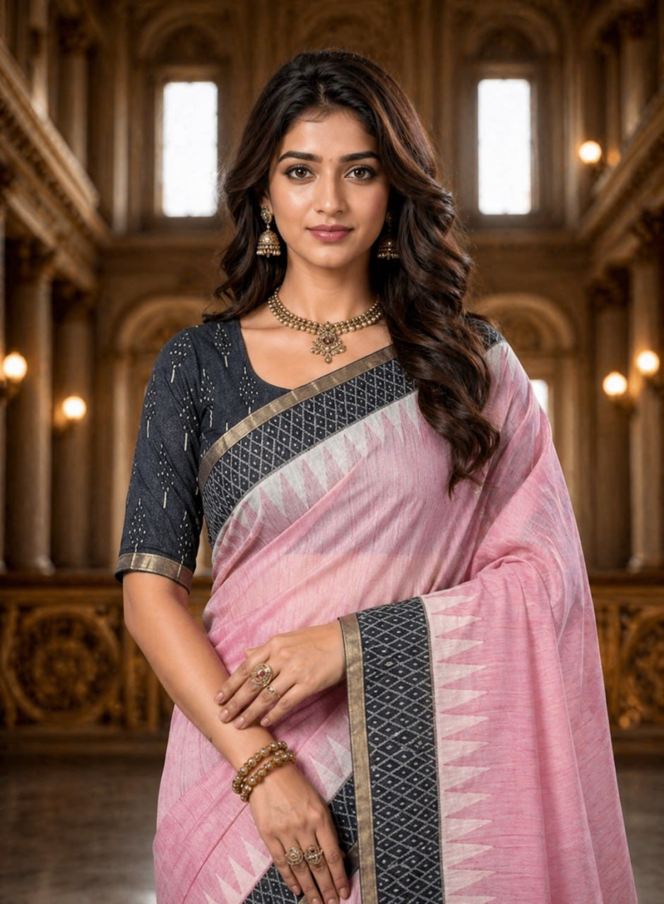 Premium Pink Linen Cotton Saree with Black Geometric Border & Printed Blouse
