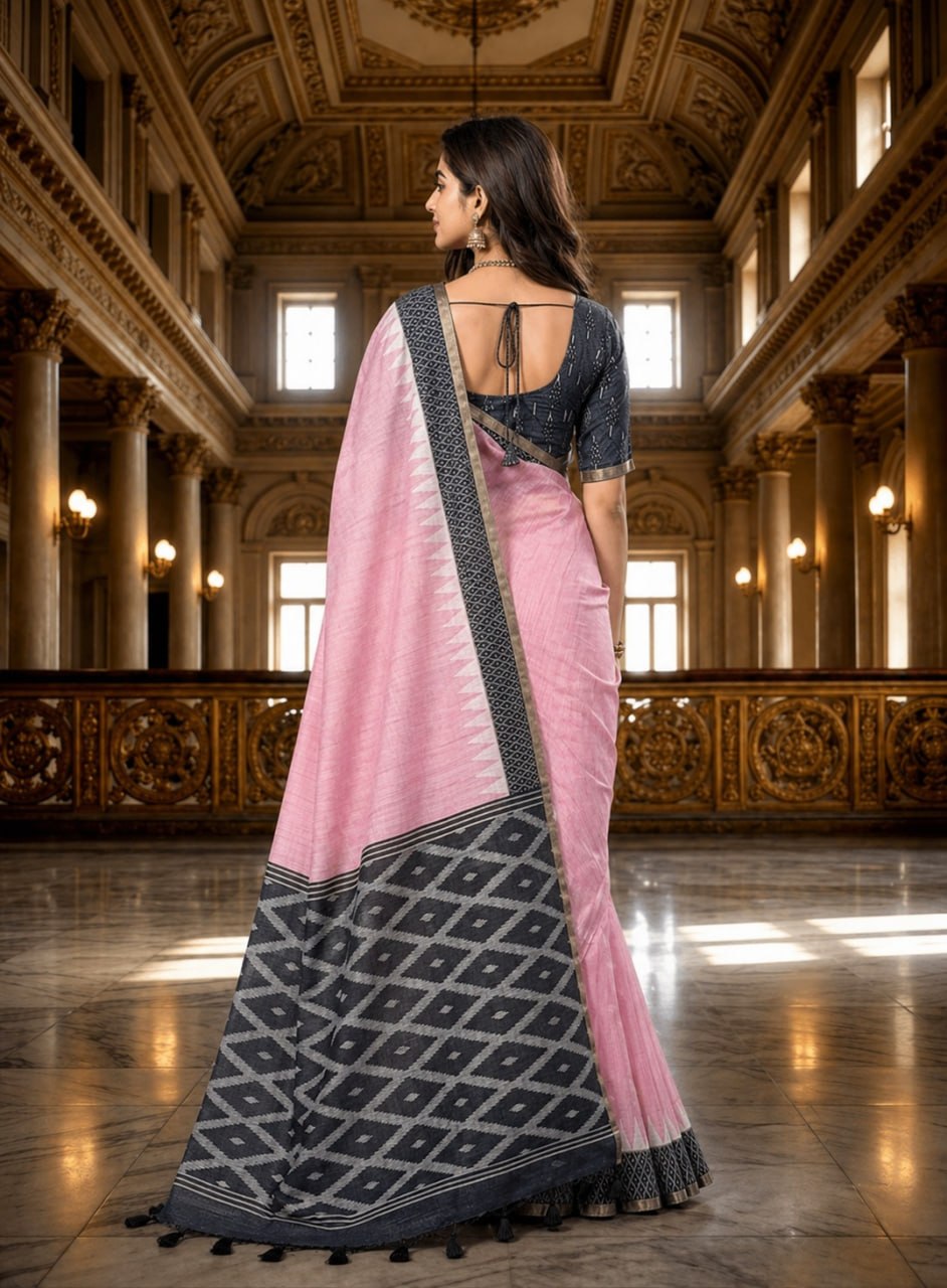 Premium Pink Linen Cotton Saree with Black Geometric Border & Printed Blouse