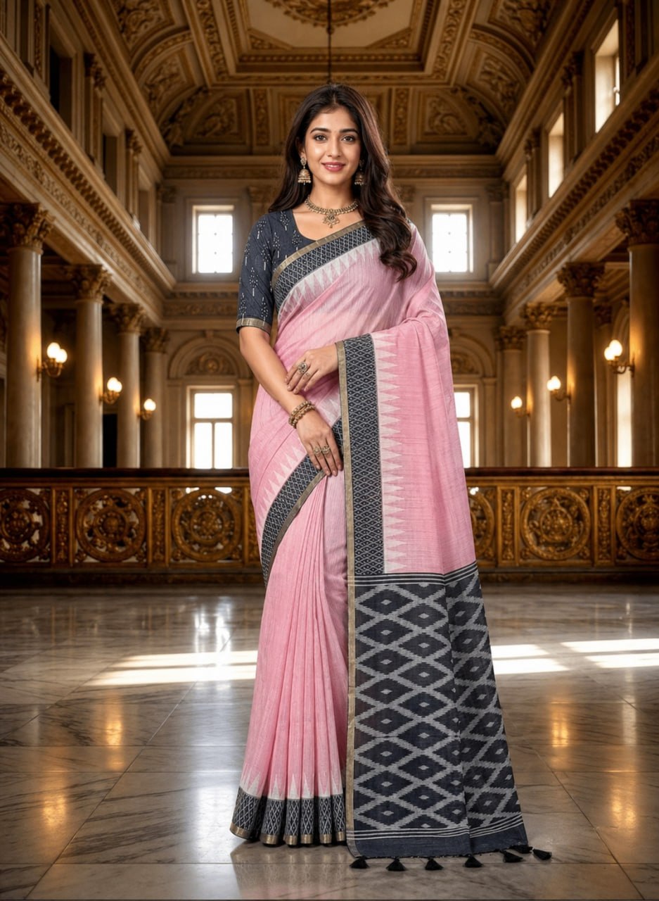 Premium Pink Linen Cotton Saree with Black Geometric Border & Printed Blouse