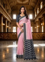Premium Pink Linen Cotton Saree with Black Geometric Border & Printed Blouse