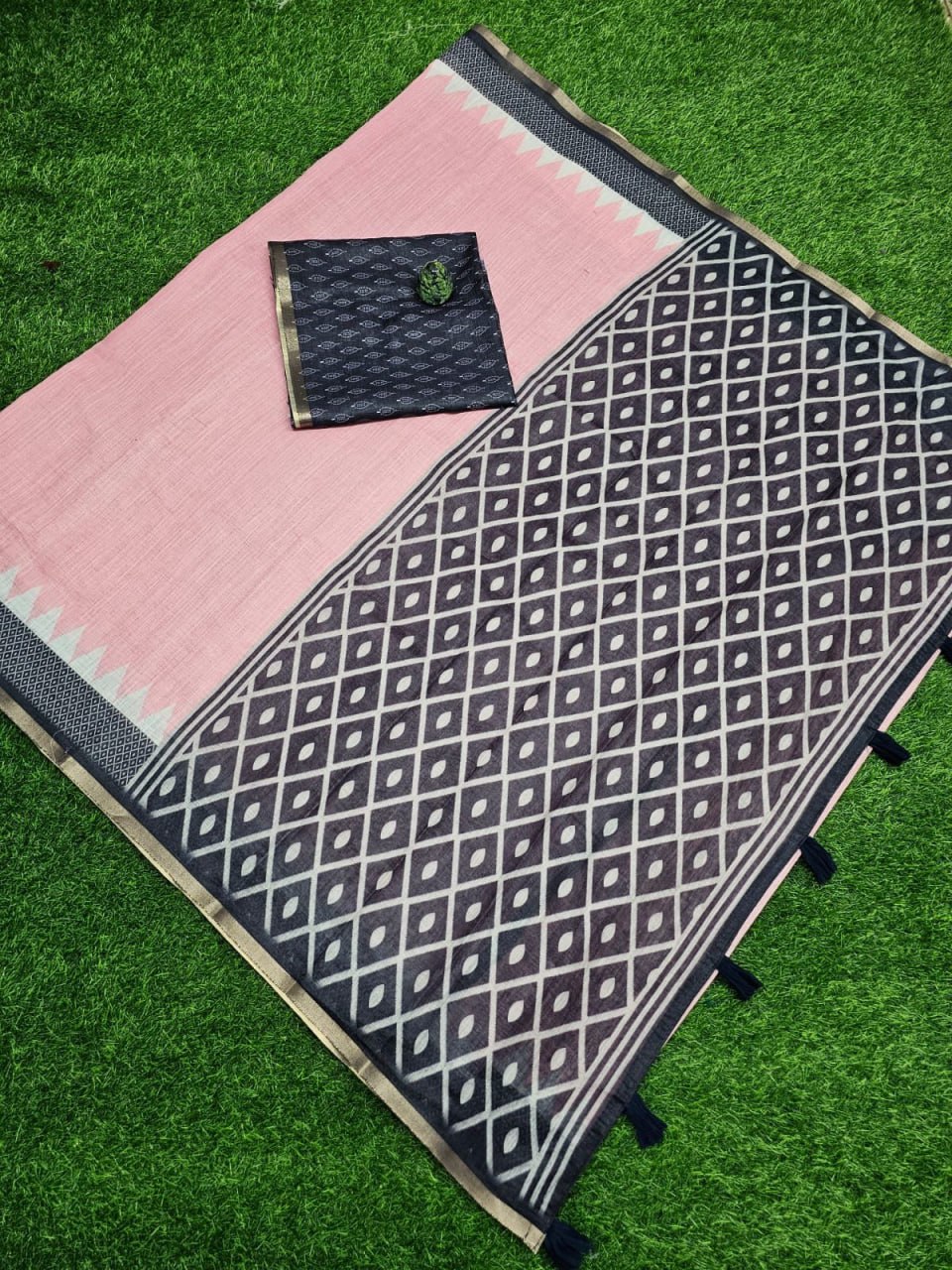 Premium Pink Linen Cotton Saree with Black Geometric Border & Printed Blouse