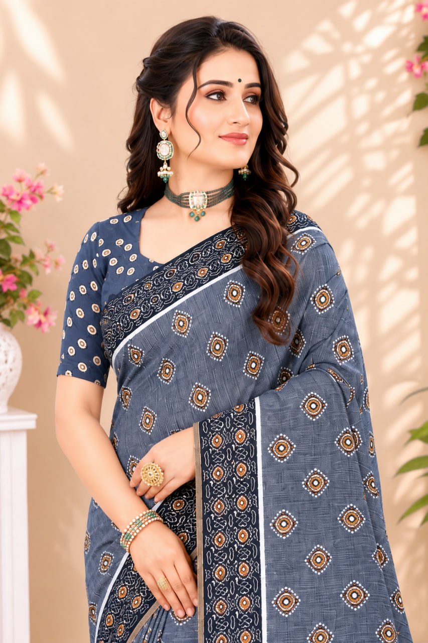 Premium Grey Ethnic Printed Saree with Traditional Motif Design