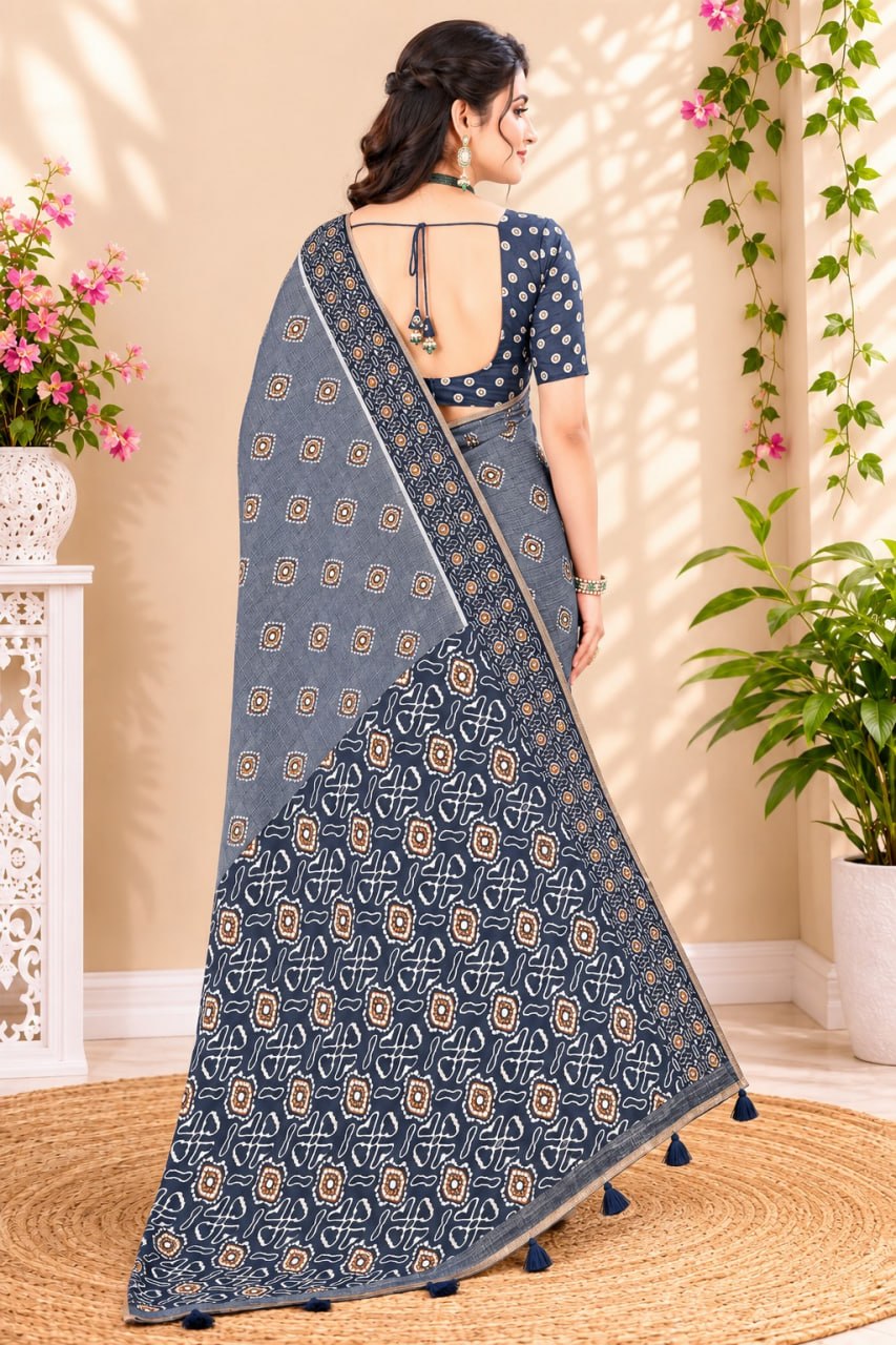 Premium Grey Ethnic Printed Saree with Traditional Motif Design