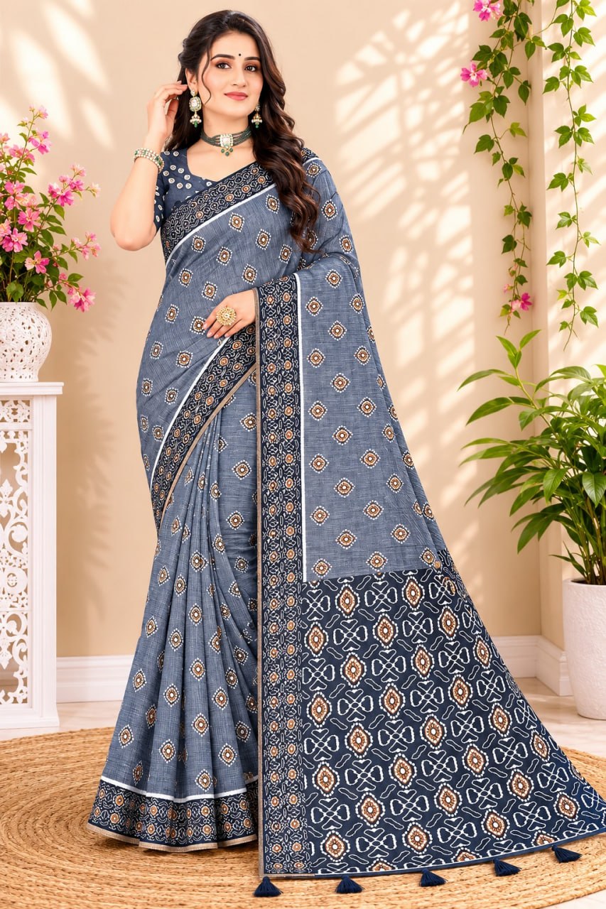 Premium Grey Ethnic Printed Saree with Traditional Motif Design