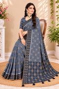 Premium Grey Ethnic Printed Saree with Traditional Motif Design