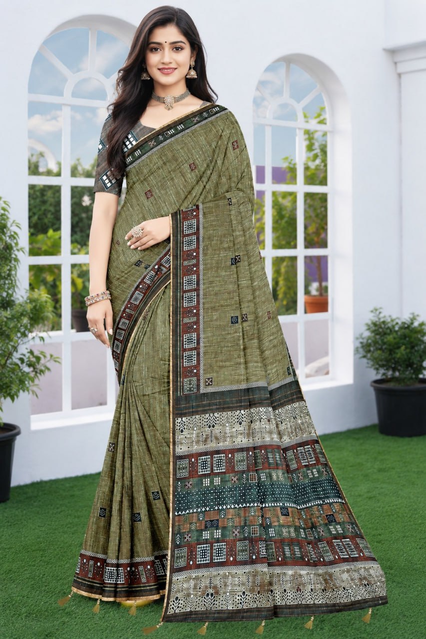 Premium Olive Green Linen Cotton Ethnic Saree with Printed Blouse Piece