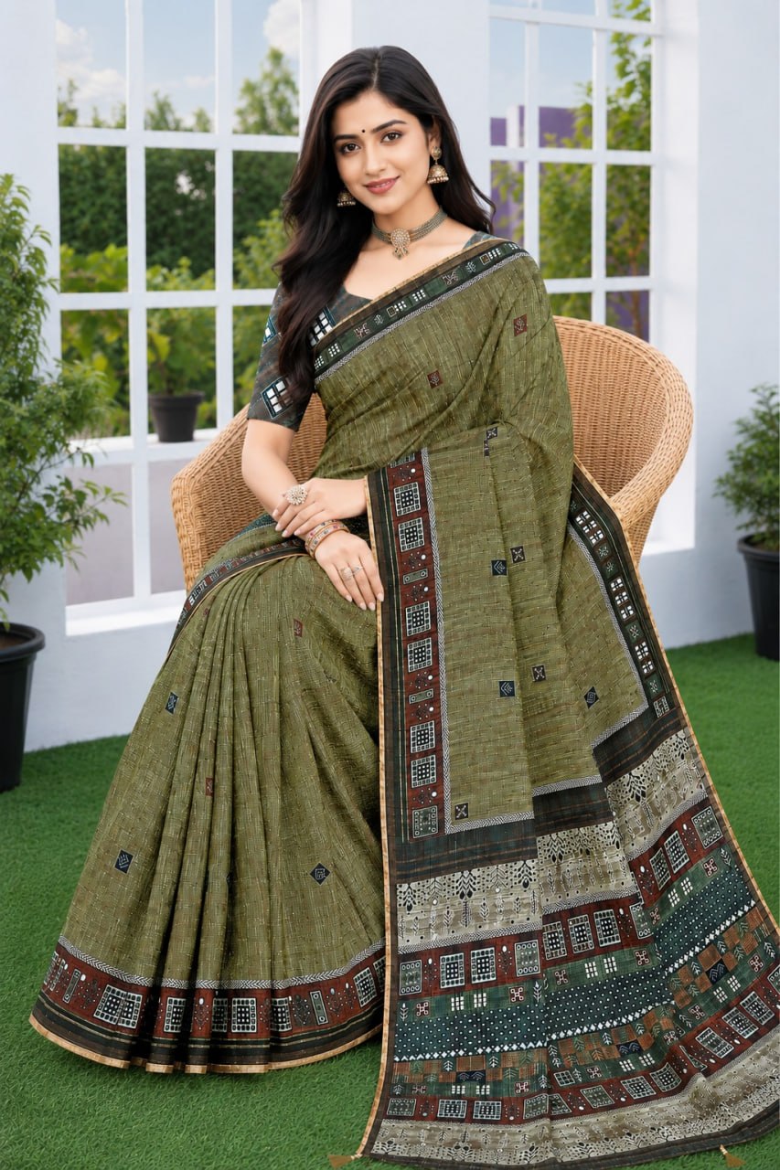 Premium Olive Green Linen Cotton Ethnic Saree with Printed Blouse Piece