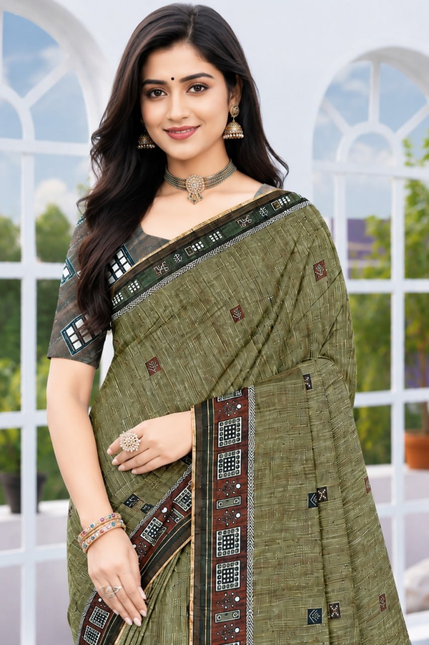 Premium Olive Green Linen Cotton Ethnic Saree with Printed Blouse Piece