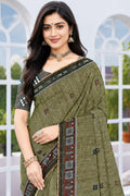 Premium Olive Green Linen Cotton Ethnic Saree with Printed Blouse Piece