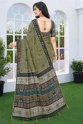 Premium Olive Green Linen Cotton Ethnic Saree with Printed Blouse Piece