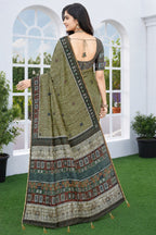 Premium Olive Green Linen Cotton Ethnic Saree with Printed Blouse Piece