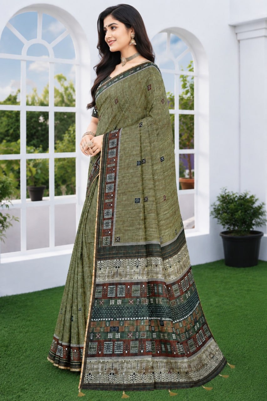 Premium Olive Green Linen Cotton Ethnic Saree with Printed Blouse Piece