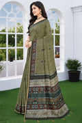 Premium Olive Green Linen Cotton Ethnic Saree with Printed Blouse Piece