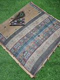 Premium Olive Green Linen Cotton Ethnic Saree with Printed Blouse Piece
