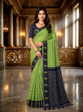 Elegant Green Ikat Print Saree with Navy Blue Contrast Pallu & Blouse Piece