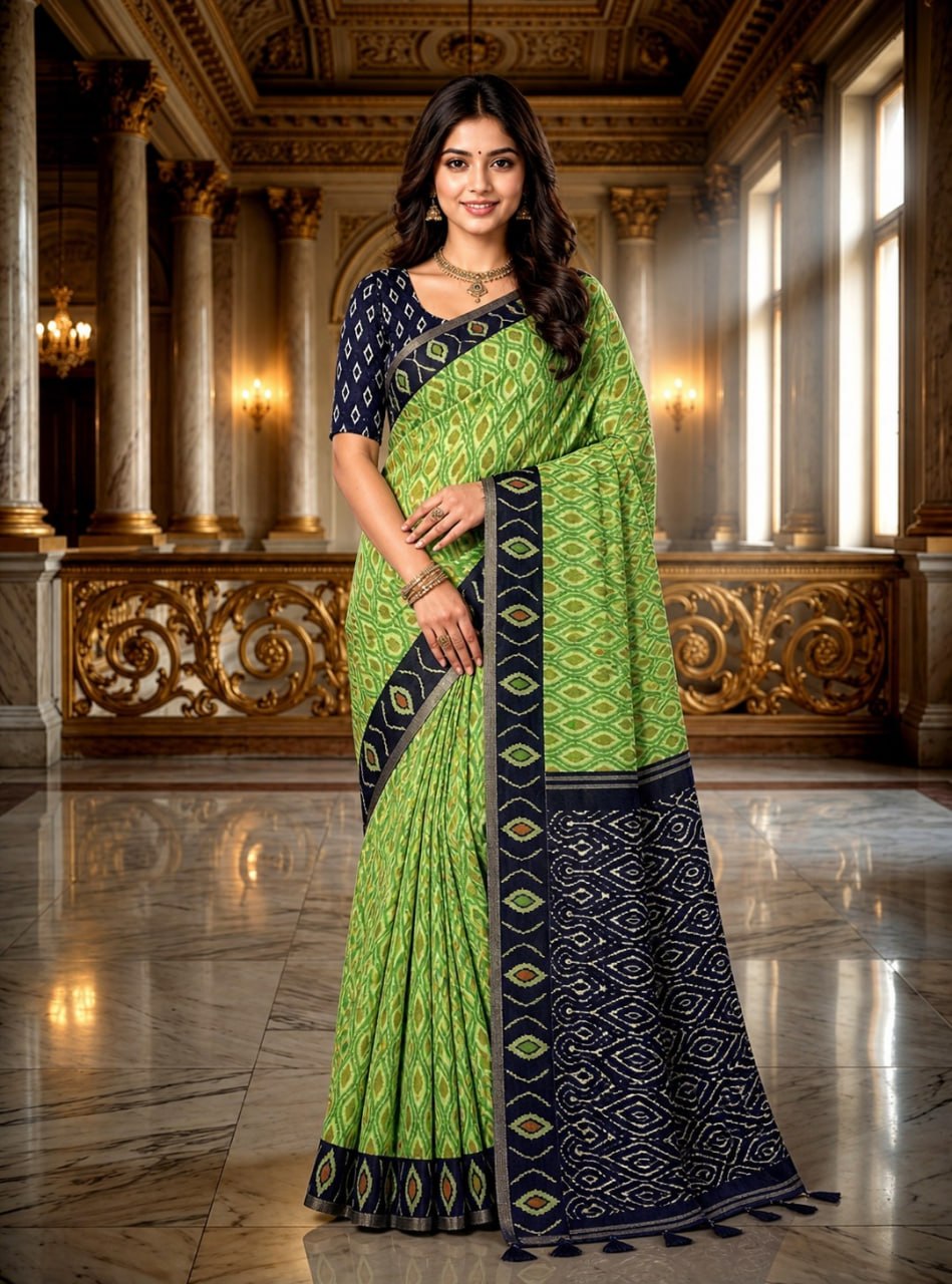 Elegant Green Ikat Print Saree with Navy Blue Contrast Pallu & Blouse Piece