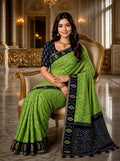 Elegant Green Ikat Print Saree with Navy Blue Contrast Pallu & Blouse Piece