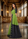 Elegant Green Ikat Print Saree with Navy Blue Contrast Pallu & Blouse Piece