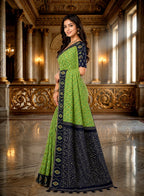 Elegant Green Ikat Print Saree with Navy Blue Contrast Pallu & Blouse Piece