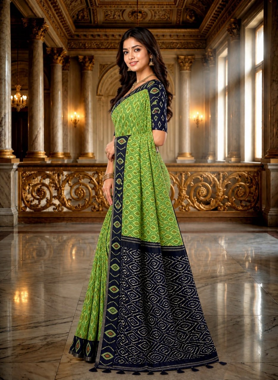Elegant Green Ikat Print Saree with Navy Blue Contrast Pallu & Blouse Piece