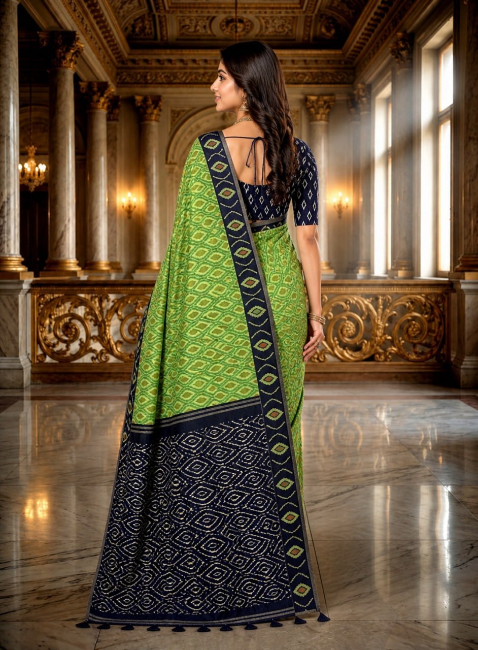 Elegant Green Ikat Print Saree with Navy Blue Contrast Pallu & Blouse Piece